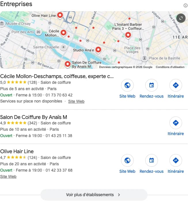Bloc Google résultats locaux avec salons, avis et bouton rendez-vous