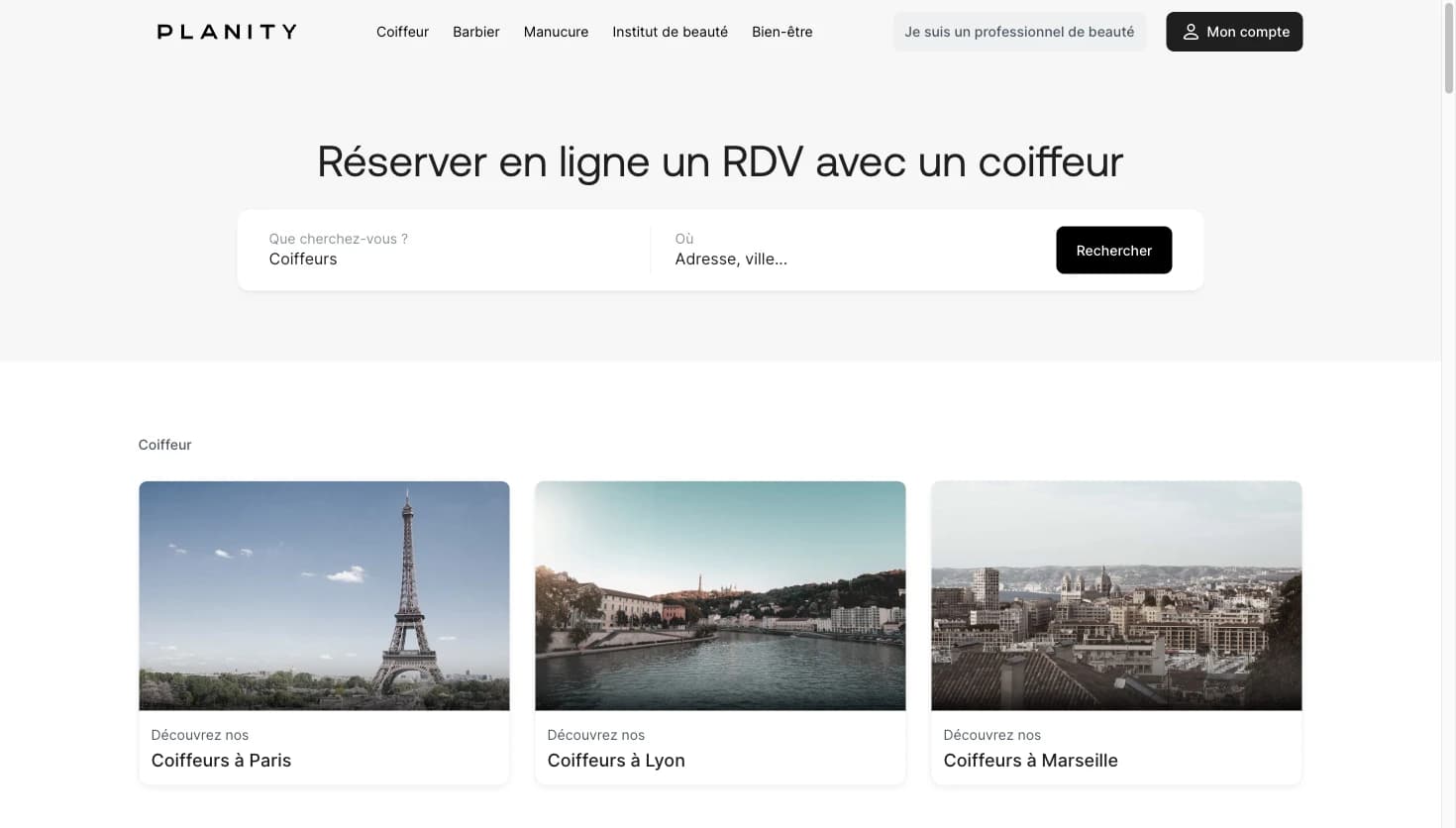Interface publique de réservation en ligne Planity avec moteur de recherche et villes