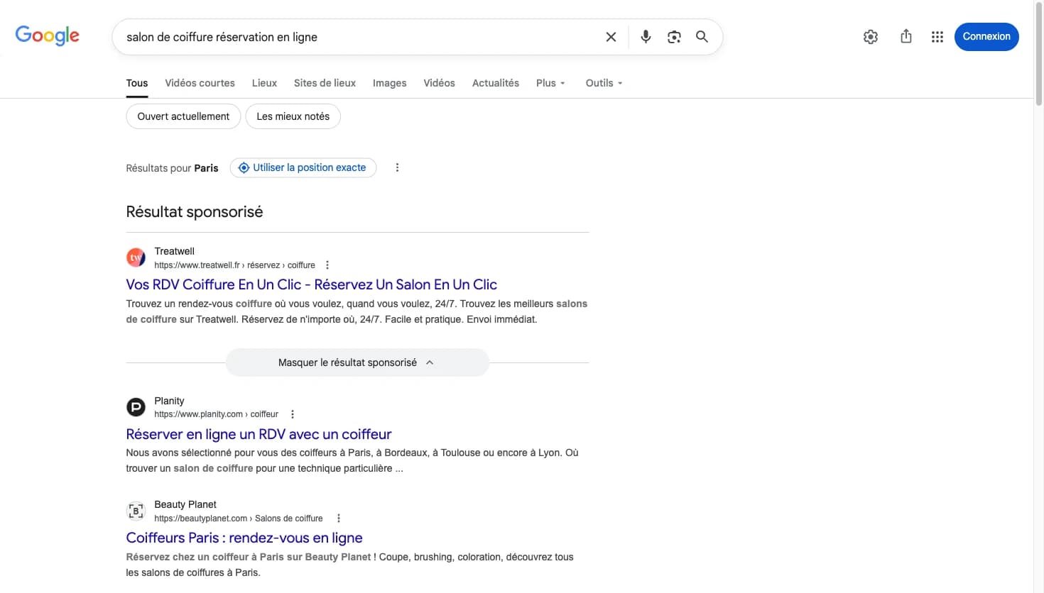 Résultats Google en français sur la requête salon de coiffure réservation en ligne
