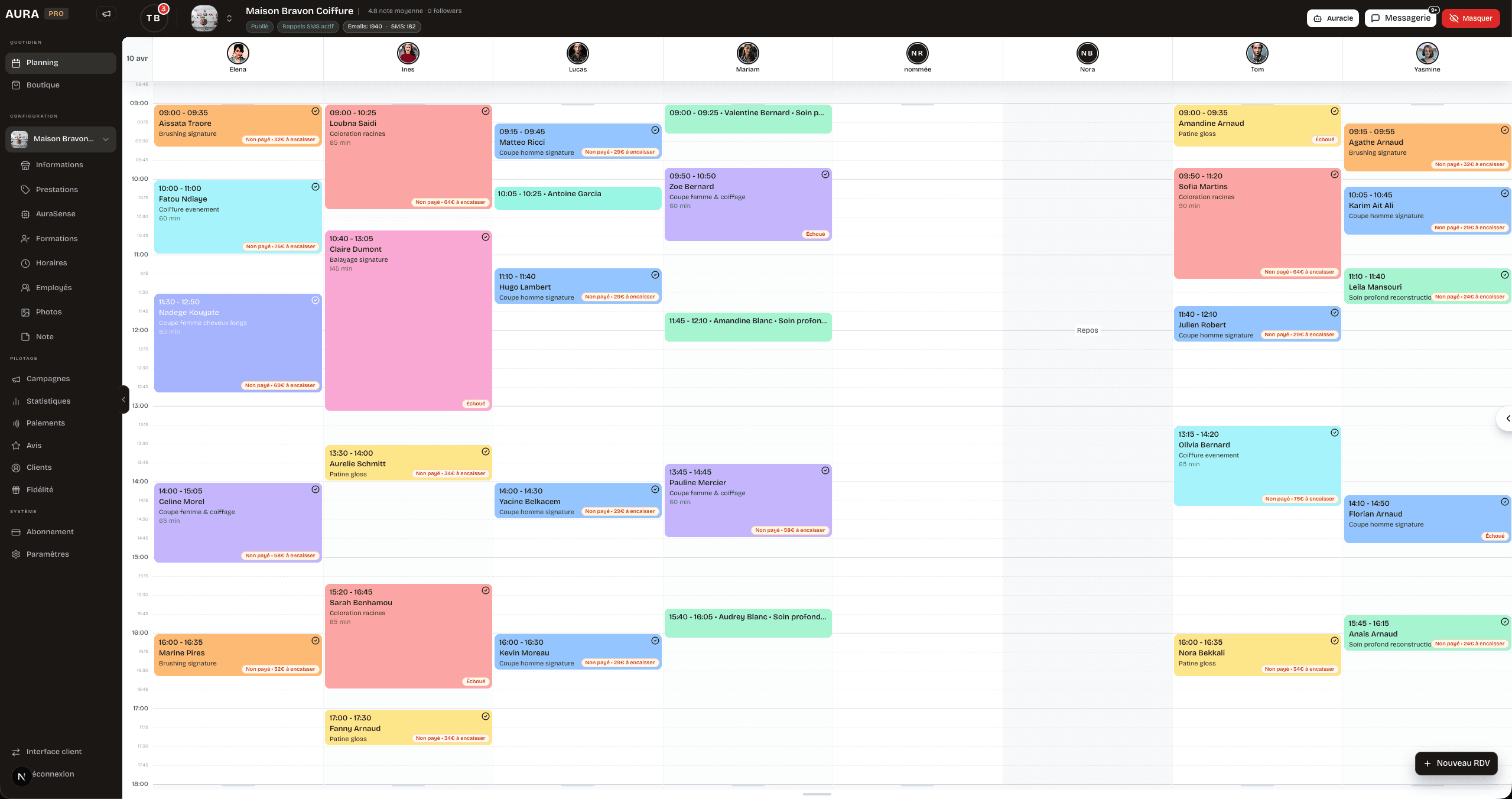 Tableau de bord Aura avec planning, équipe et rendez-vous